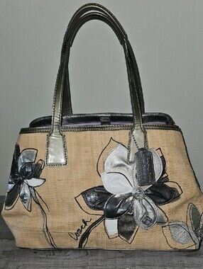 Coach Straw Tote with Black, Silver & White Floral Appliqués